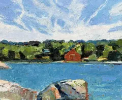 Painting of Red boat house by Tom Curry